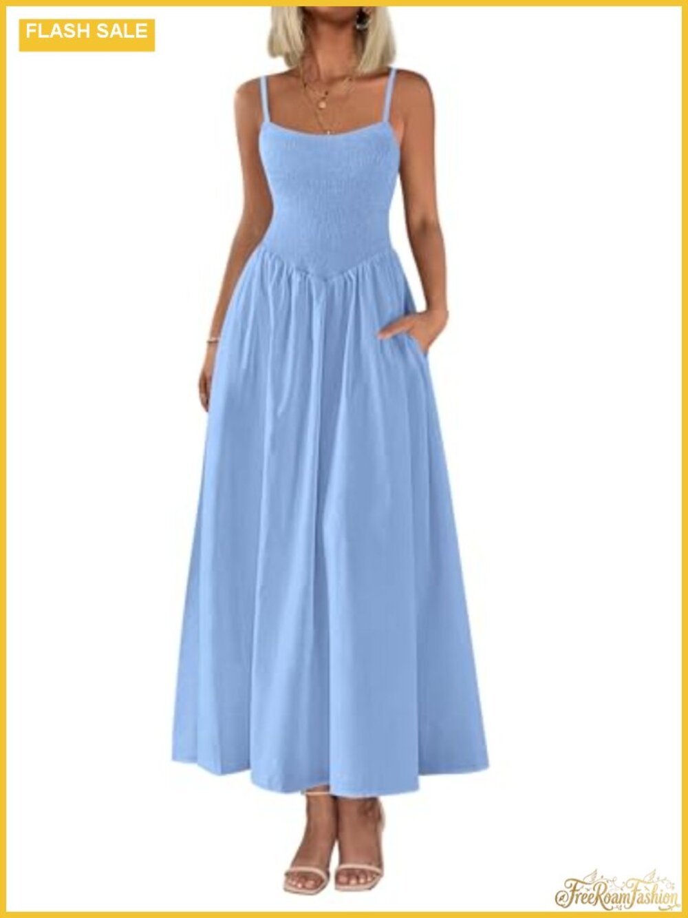 Women's Smocked Maxi Dress Spaghetti Strap A-Line Beach Sundress